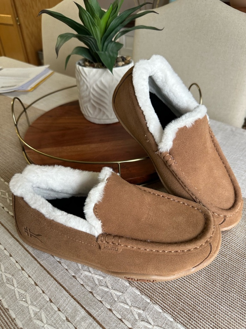 KURU Loft Tan Suede Slip-On Moccasin Slippers with White Faux Shearling